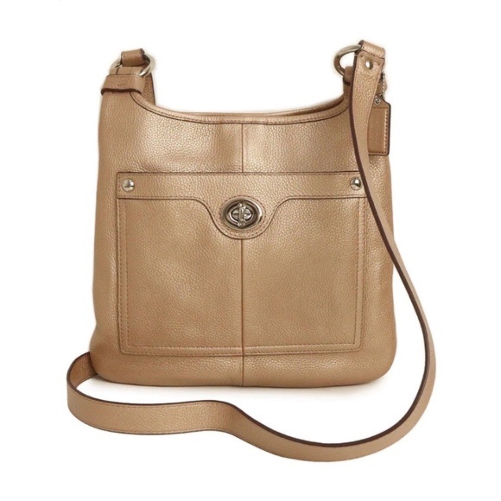 Coach Penelope Champagne Dune Turnlock Leather Crossbody Sling Bag
